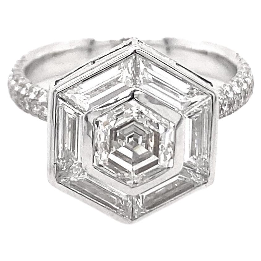 3.36cts G VVS2 VG G N GIA Cert Engagement Ring Hexagon Diamond Baguette Ring