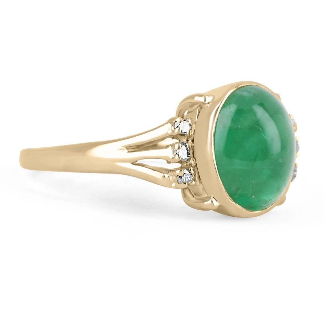 Featured is a lovely emerald cabochon & diamond ring. The center stone carries a 3.33-carat, natural emerald cabochon, displaying a gorgeous green color and very good luster. Accented on the sides are dainty, brillaint round diamonds prong-set. The