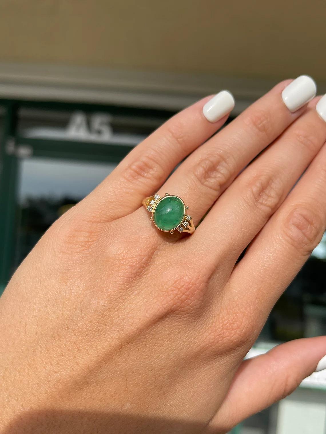 Modern 3.36tcw 14K Natural Emerald-Oval Shape Cabochon & Diamond Accent Statement Ring For Sale