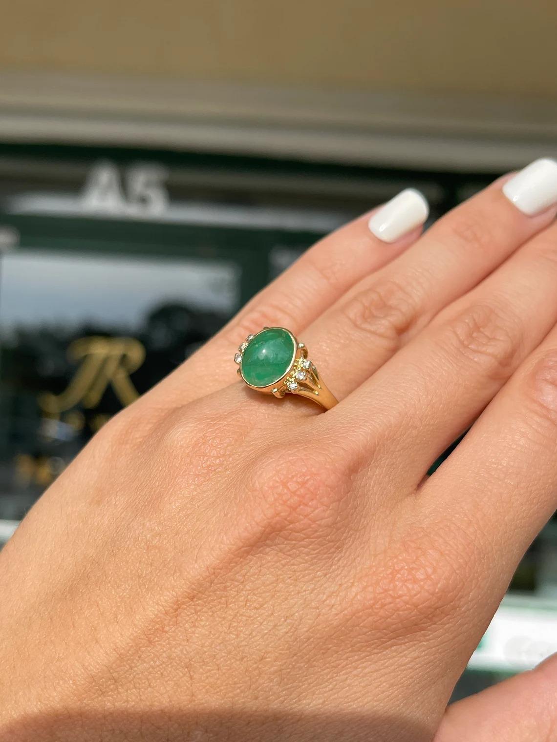 3.36tcw 14K Natural Emerald-Oval Shape Cabochon & Diamond Accent Statement Ring In New Condition For Sale In Jupiter, FL