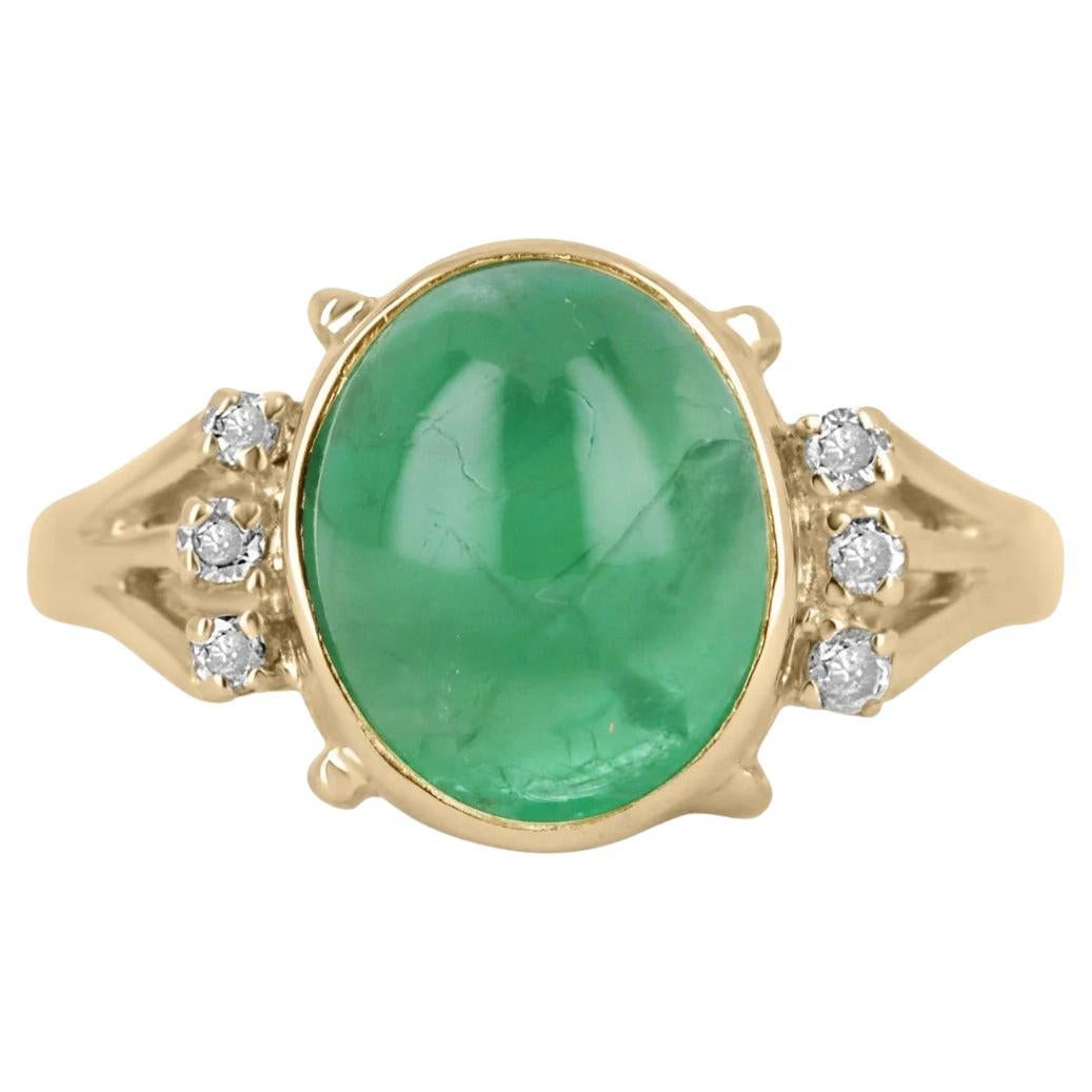 3.36tcw 14K Natural Emerald-Oval Shape Cabochon & Diamond Accent Statement Ring For Sale