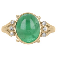 Statement-Ring, 3,36tcw 14K natürlicher Smaragd-Oval in Form von Cabochon und Diamant-Akzent, Cabochon