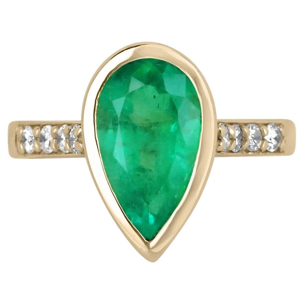 3.36tcw 18K Vivid Green Pear Colombian Emerald & Diamond Shank Engagement Ring