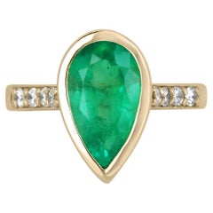 3.36tcw 18K Vivid Green Pear Colombian Emerald & Diamond Shank Engagement Ring