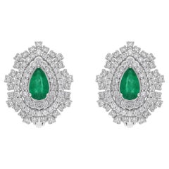 3.36Tcw Zambian Emerald Halo Round Cut Diamond Bridal Stud Ears Or 14K
