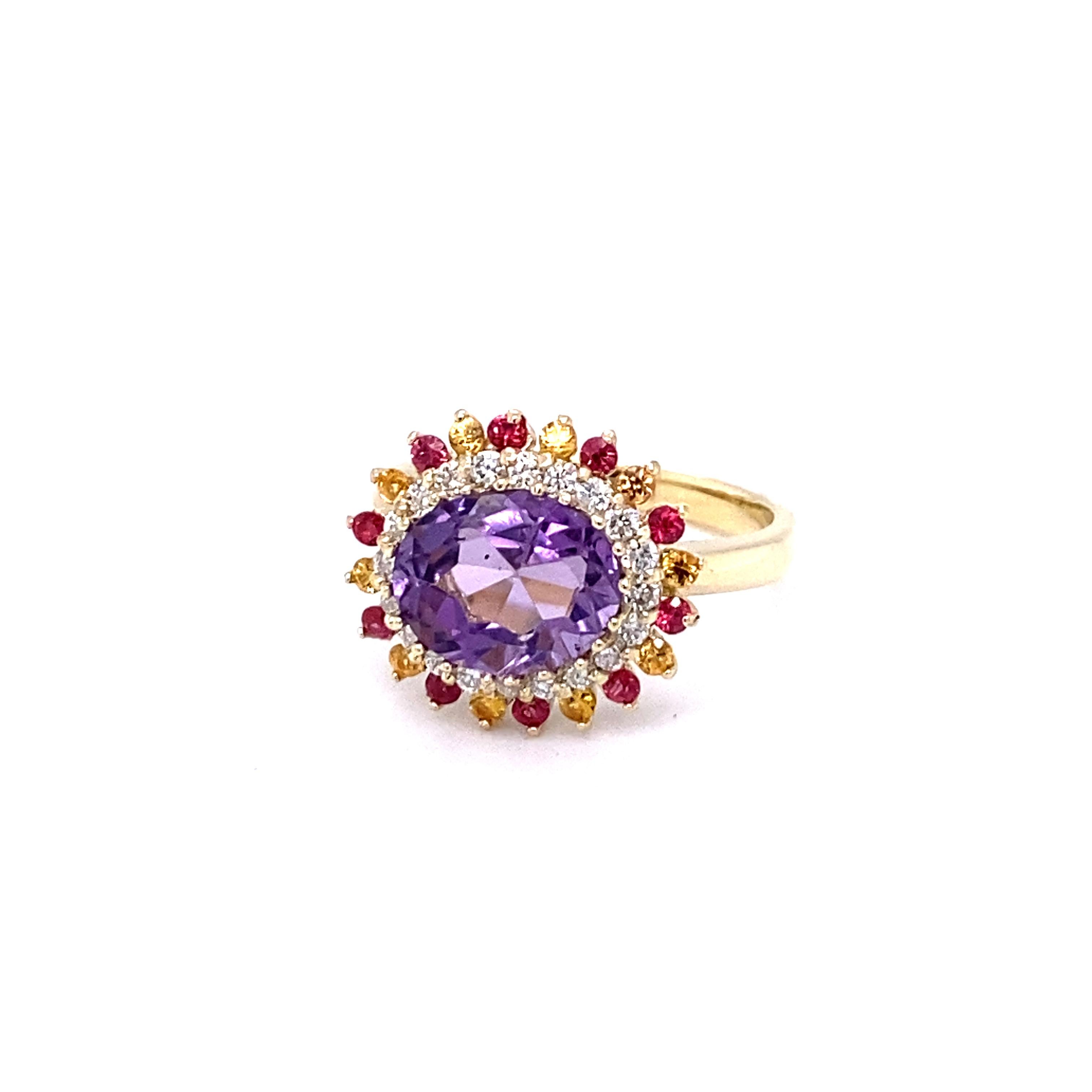 Contemporary 3.37 Carat Natural Amethyst Diamond Sapphire Yellow Gold Cocktail Ring For Sale