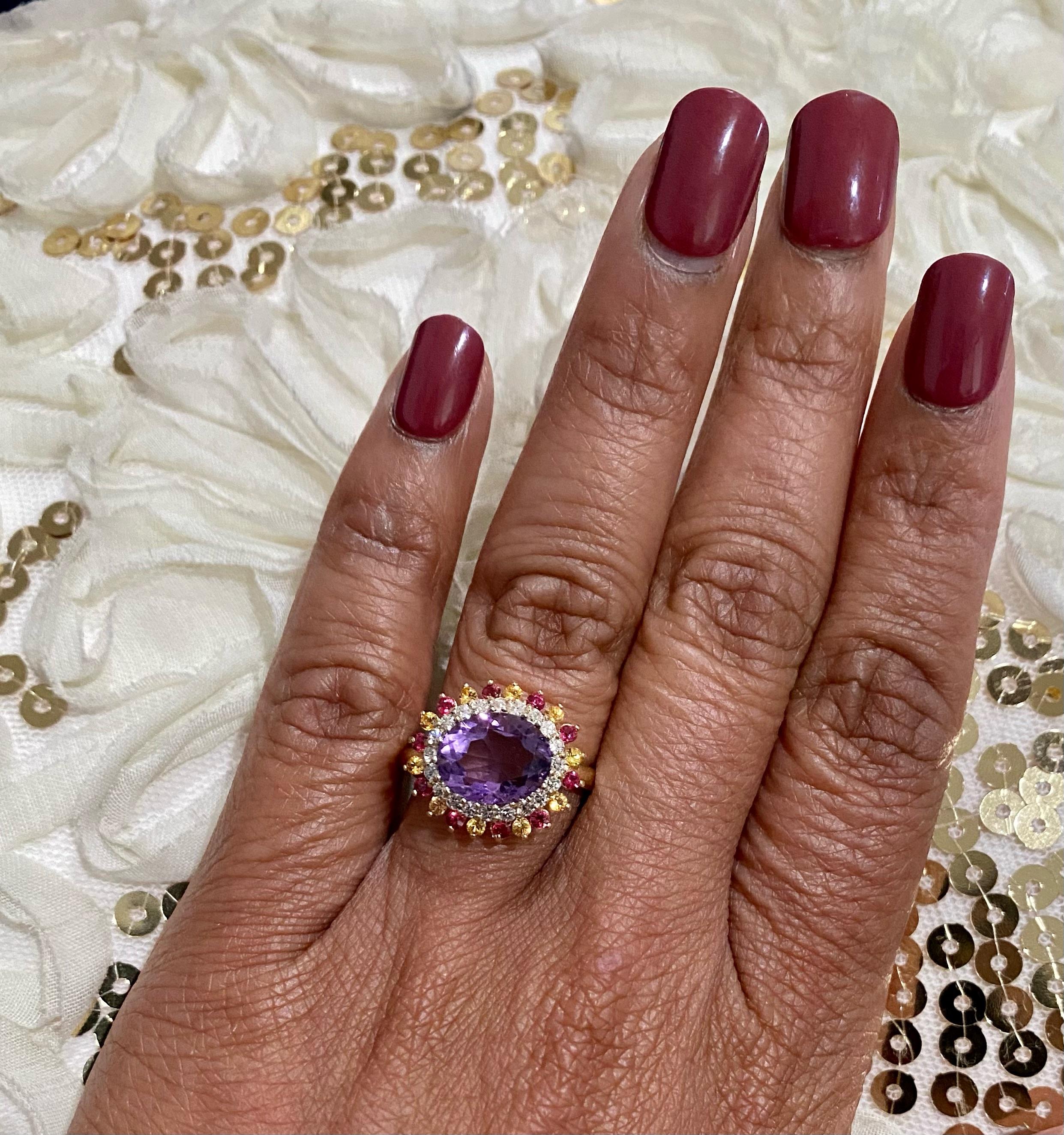3.37 Carat Natural Amethyst Diamond Sapphire Yellow Gold Cocktail Ring In New Condition For Sale In Los Angeles, CA