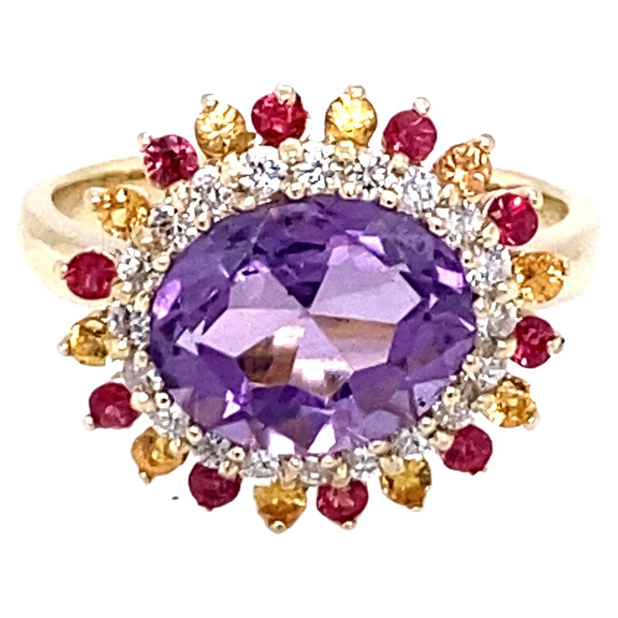 3.37 Carat Natural Amethyst Diamond Sapphire Yellow Gold Cocktail Ring For Sale