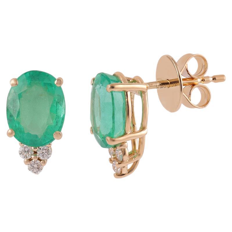 3.37 Carat Clear Zambian Emerald & Diamond Stud Earring in 18K Yellow gold