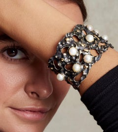 33.7 Carat Cultured Freshwater Pearls Diamond Sterling Silver Gold Cuff Bracelet