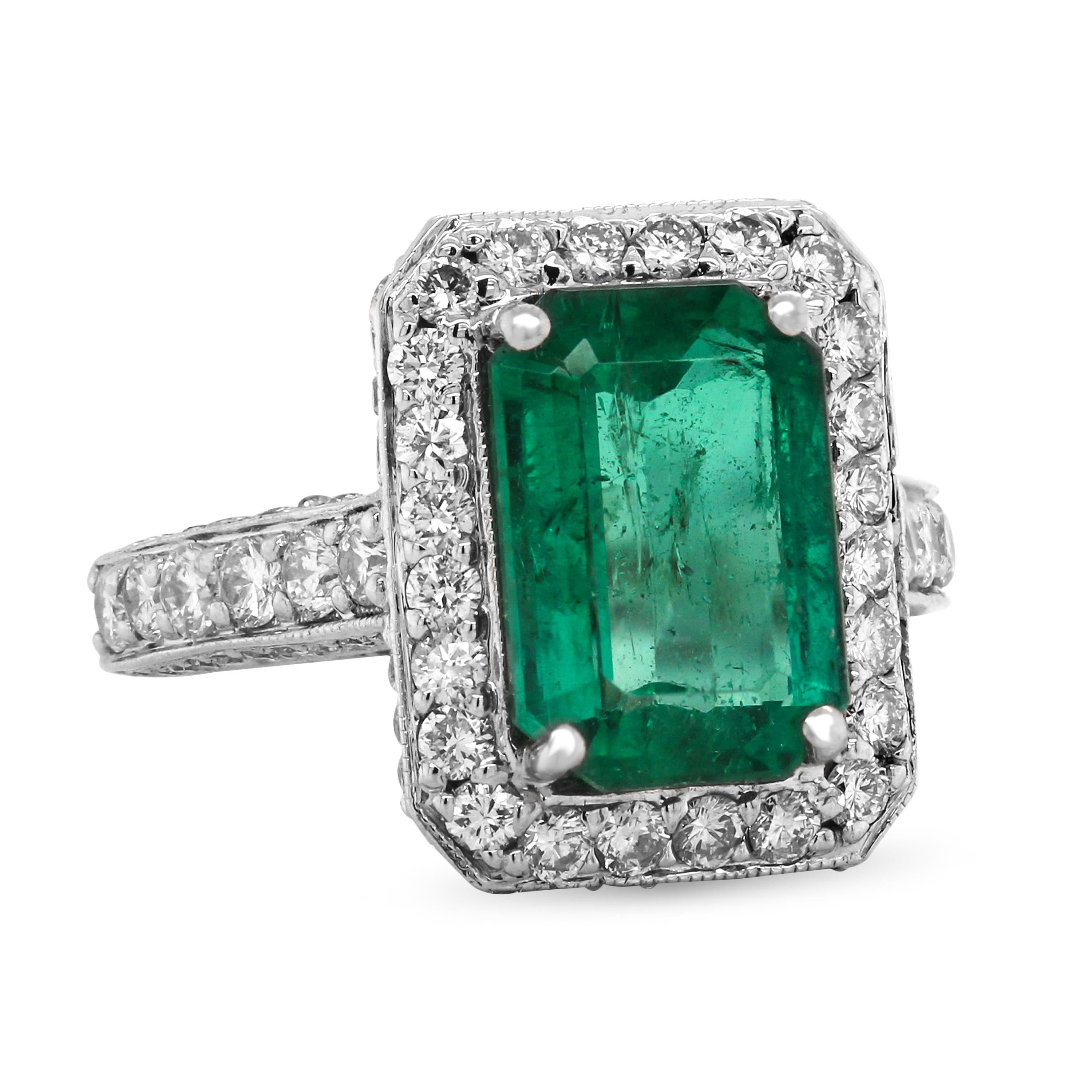 3.37 Carat Emerald 14 Karat White Gold Diamond Cocktail Ring

The center Emerald is not certified however by the color, we suspect to be Zambian origin. 

3.37 Carat Emerald center
Apprx. 1.50 carat diamonds total weight

Ring face is 16mm in width.