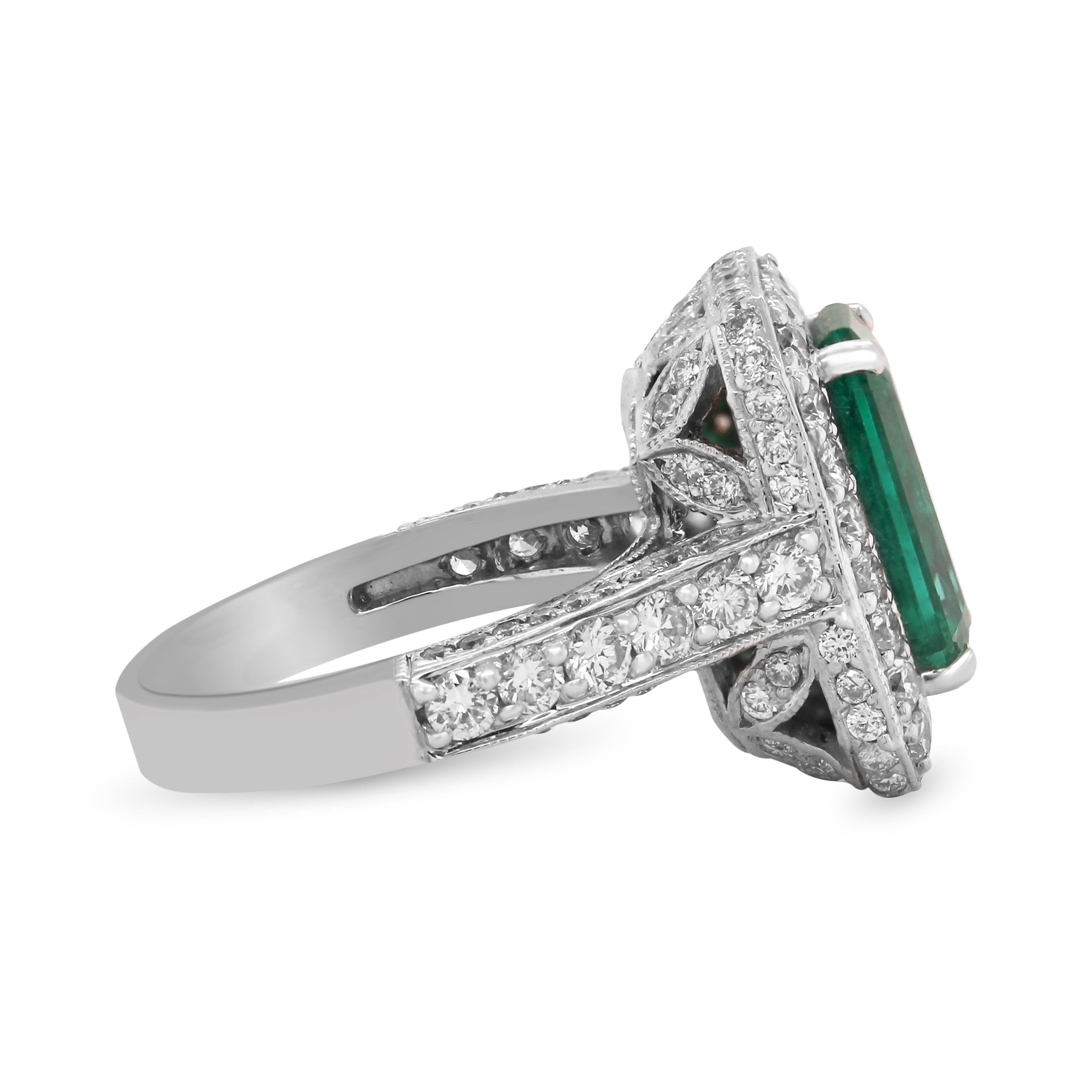 Contemporary 3.37 Carat Emerald 14 Karat White Gold Diamond Cocktail Ring For Sale