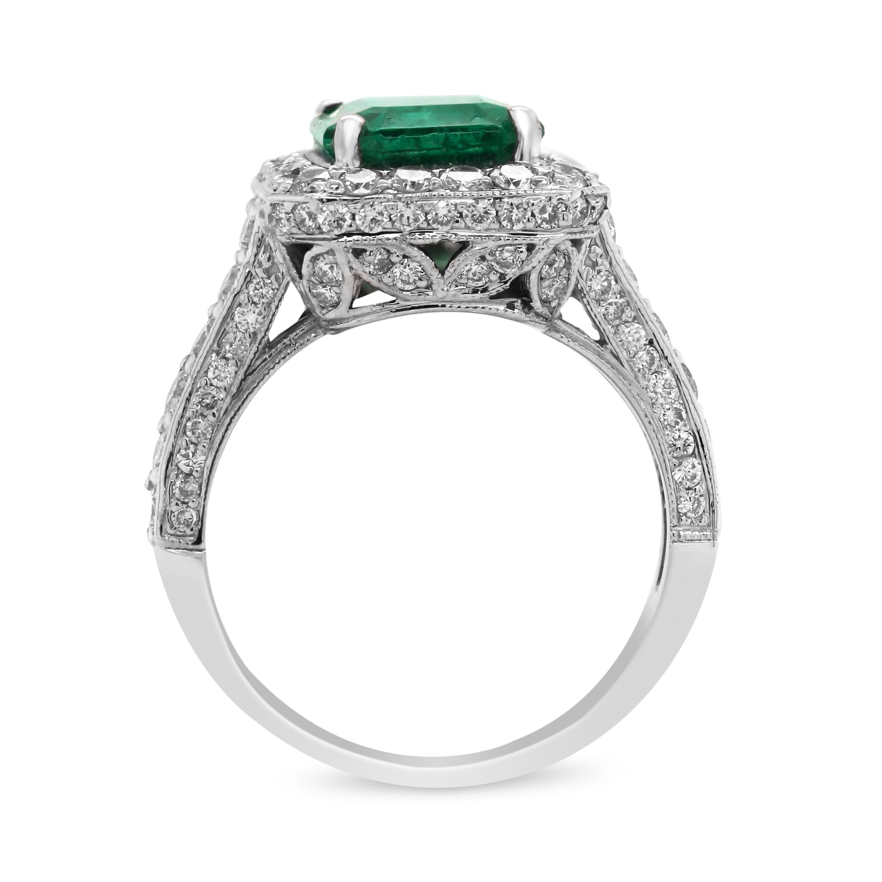 Emerald Cut 3.37 Carat Emerald 14 Karat White Gold Diamond Cocktail Ring For Sale