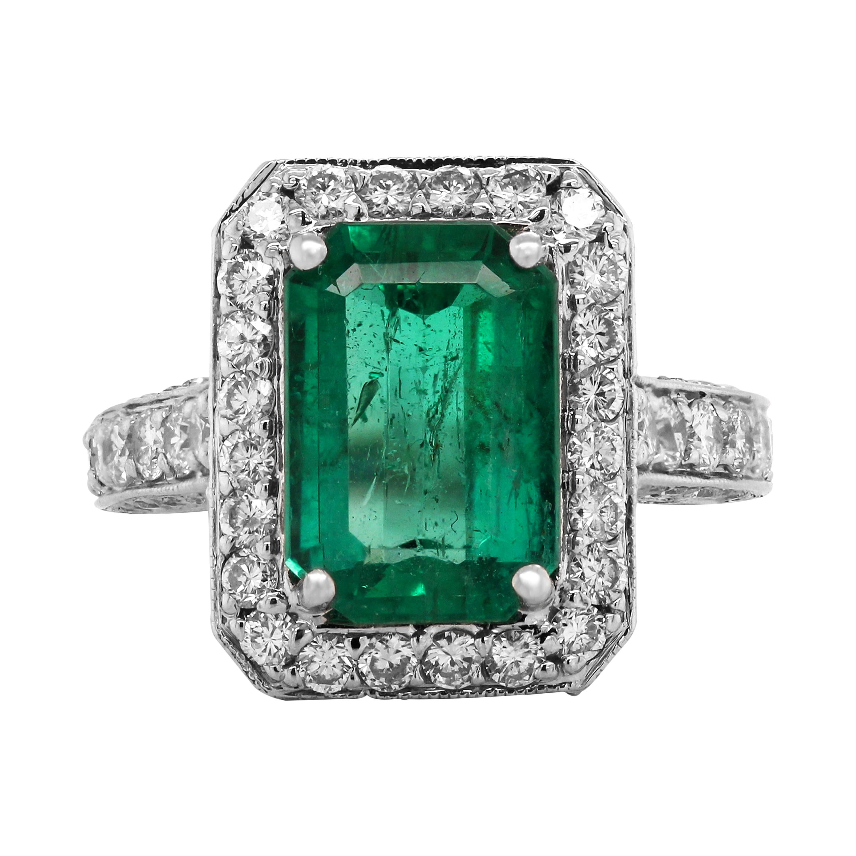 3.37 Carat Emerald 14 Karat White Gold Diamond Cocktail Ring For Sale