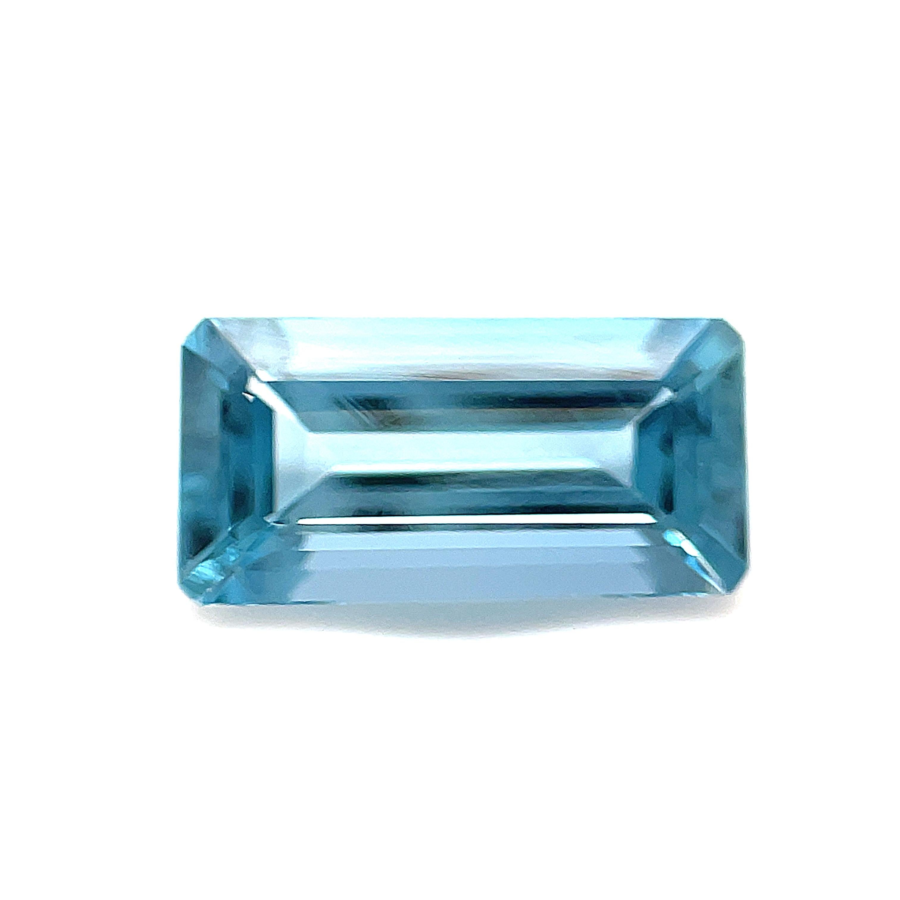 This 3.37 carat octagonal emerald-cut aquamarine is really impressive! It has a gorgeous blue color and exceptional brilliance and life. Measuring 13.97 x 7.16, it has an elegant elongated shape and is cut in a way that gives it the appearance of a