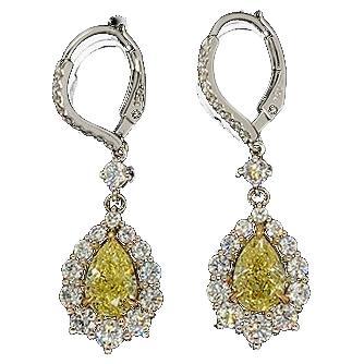 3.37 Carat Fancy Yellow & Colorless Diamond Halo Drop Earrings, GIA report. 18K.