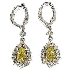 3.37 Carat Fancy Yellow & Colorless Diamond Halo Drop Earrings, GIA report. 18K.