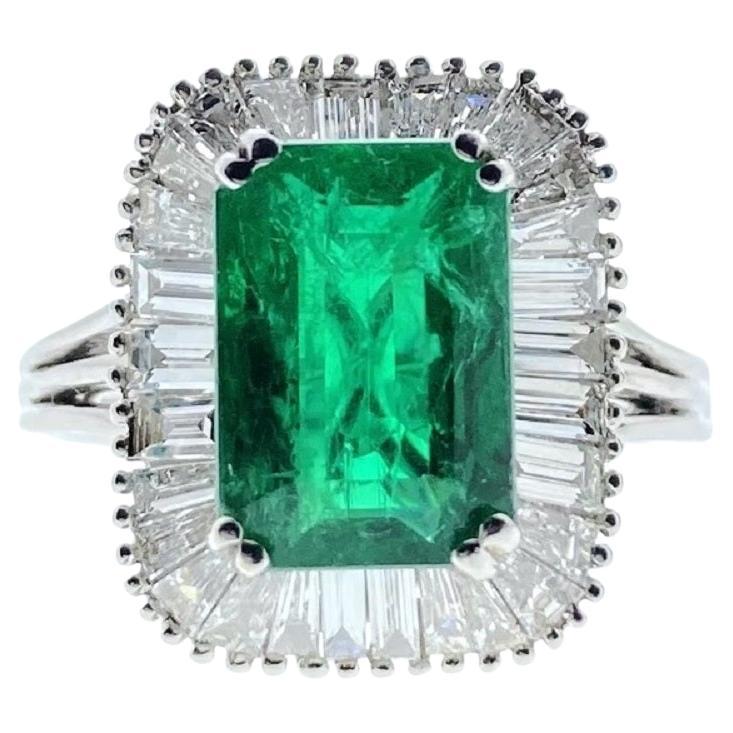 3.37 Carat Green Emerald & Diamond Ring In 18k White Gold  For Sale