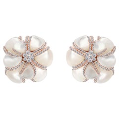 33.7 Carat Mother Of Pearl 2.47 Carat SI/H Diamond Flower Earrings 18k Rose Gold