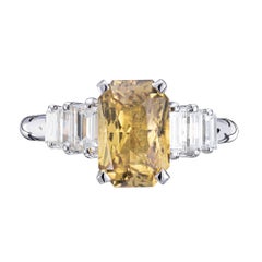 3.37 Carat Natural Green Yellow Sapphire Diamond Platinum Engagement Ring