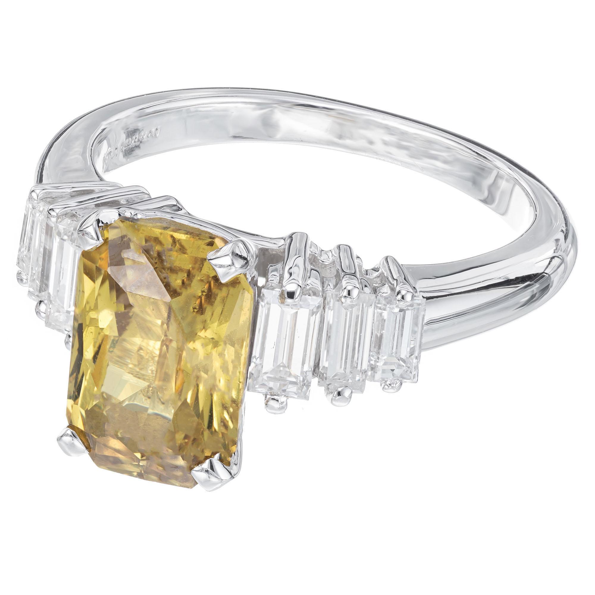 Octagon Cut 3.37 Carat Natural Green Yellow Sapphire Diamond Platinum Engagement Ring For Sale