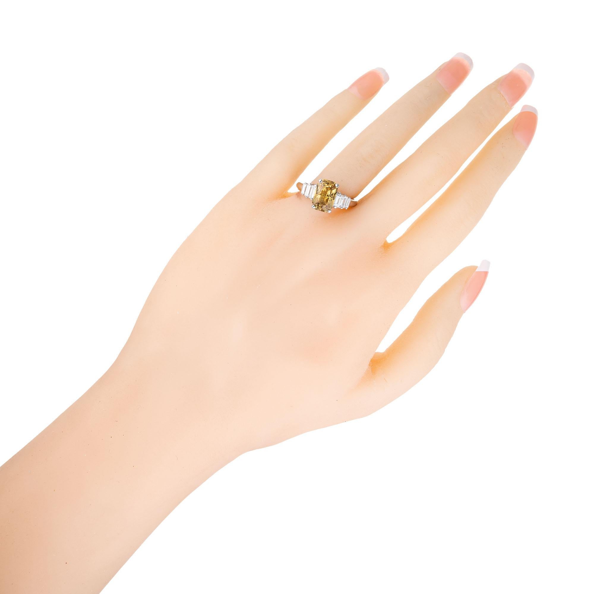 3.37 Carat Natural Green Yellow Sapphire Diamond Platinum Engagement Ring For Sale 3