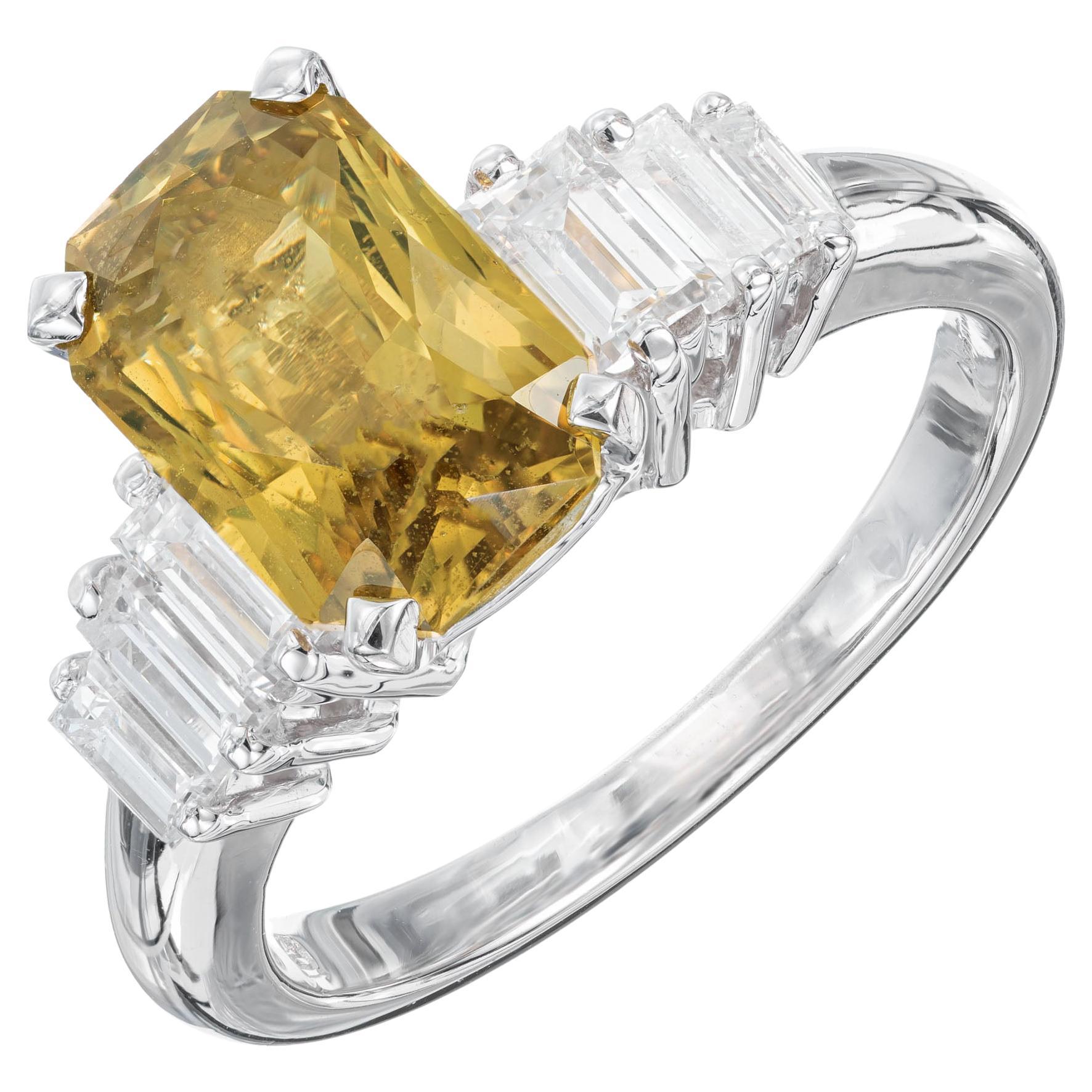 3.37 Carat Natural Green Yellow Sapphire Diamond Platinum Engagement Ring For Sale
