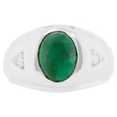 3.37 Carat Oval Emerald and Round Diamond Men Ring Band 14k White Gold