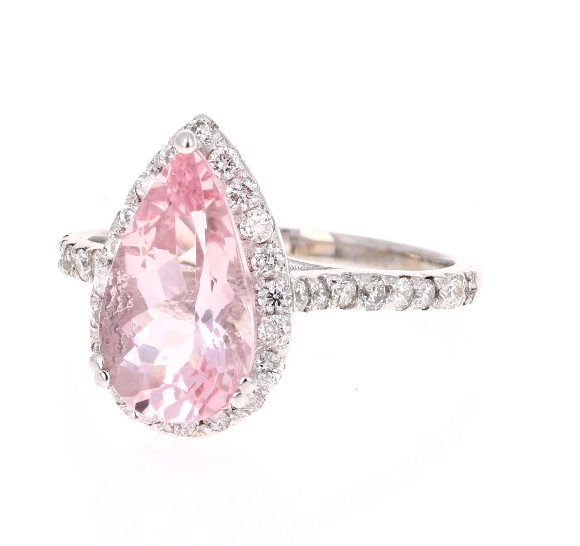 Modern 3.37 Carat Pink Morganite Diamond 18 Karat White Gold Bridal Ring