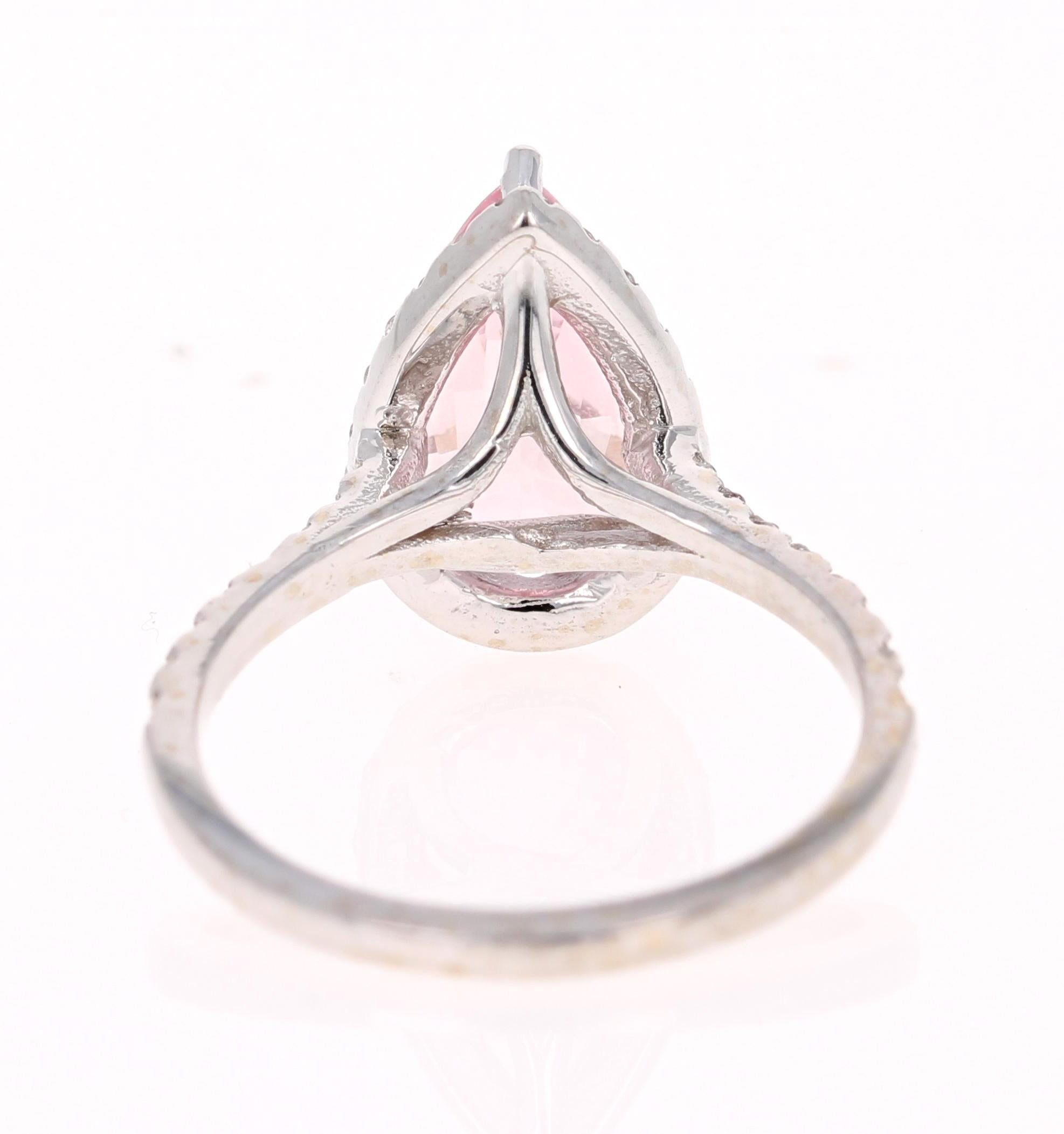 Pear Cut 3.37 Carat Pink Morganite Diamond 18 Karat White Gold Bridal Ring