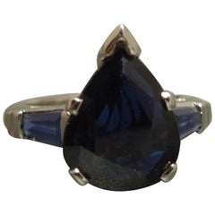 Vintage 3.37 Carat Pear Cut Sapphire and Baguette Platinum Ring
