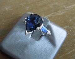 3.37 Carat Pear Cut Sapphire and Baguette Platinum Ring