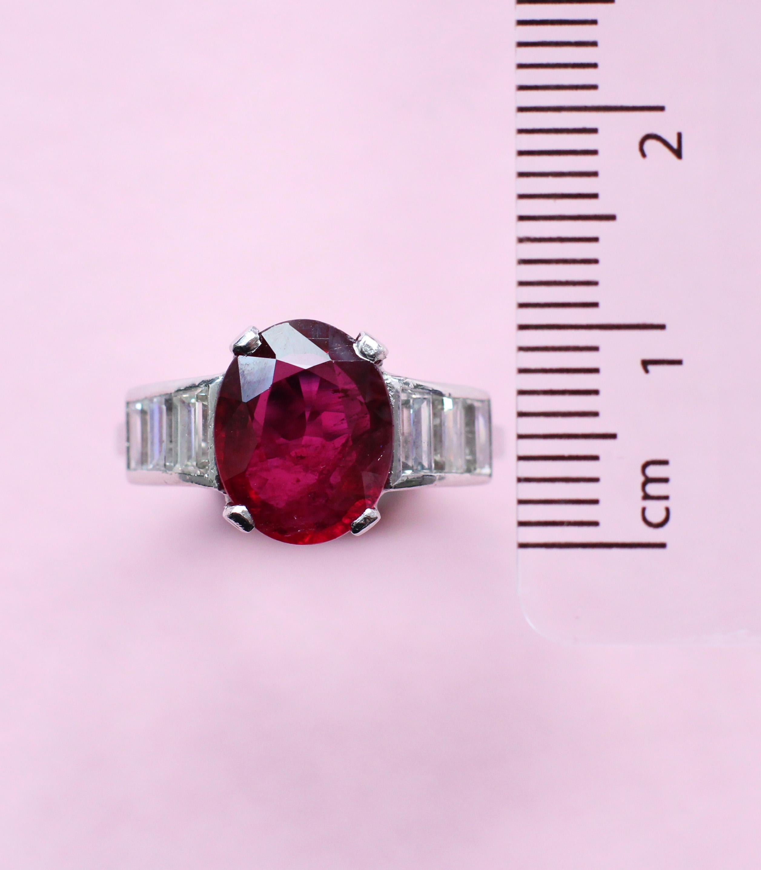 Modern 3.37 Carat Red Ruby and Diamond Platinum Ring For Sale