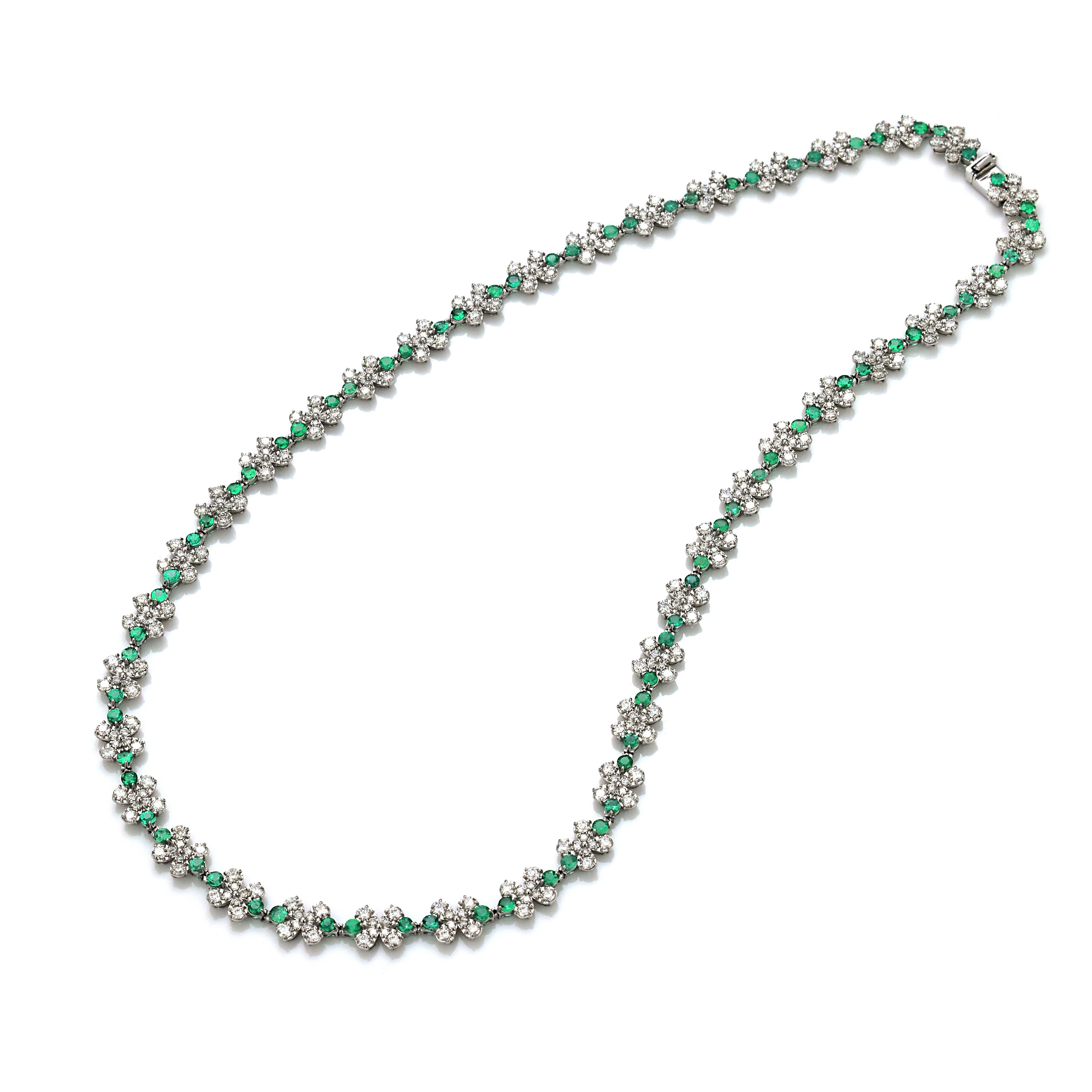 A stunning Necklace featuring 3.37 Carats of Natural Emerald and 6.45 Carats of Diamond Accents set in Platinum. People have admired emerald’s green for thousands of years. Emeralds have always been associated with the lushest landscapes and the