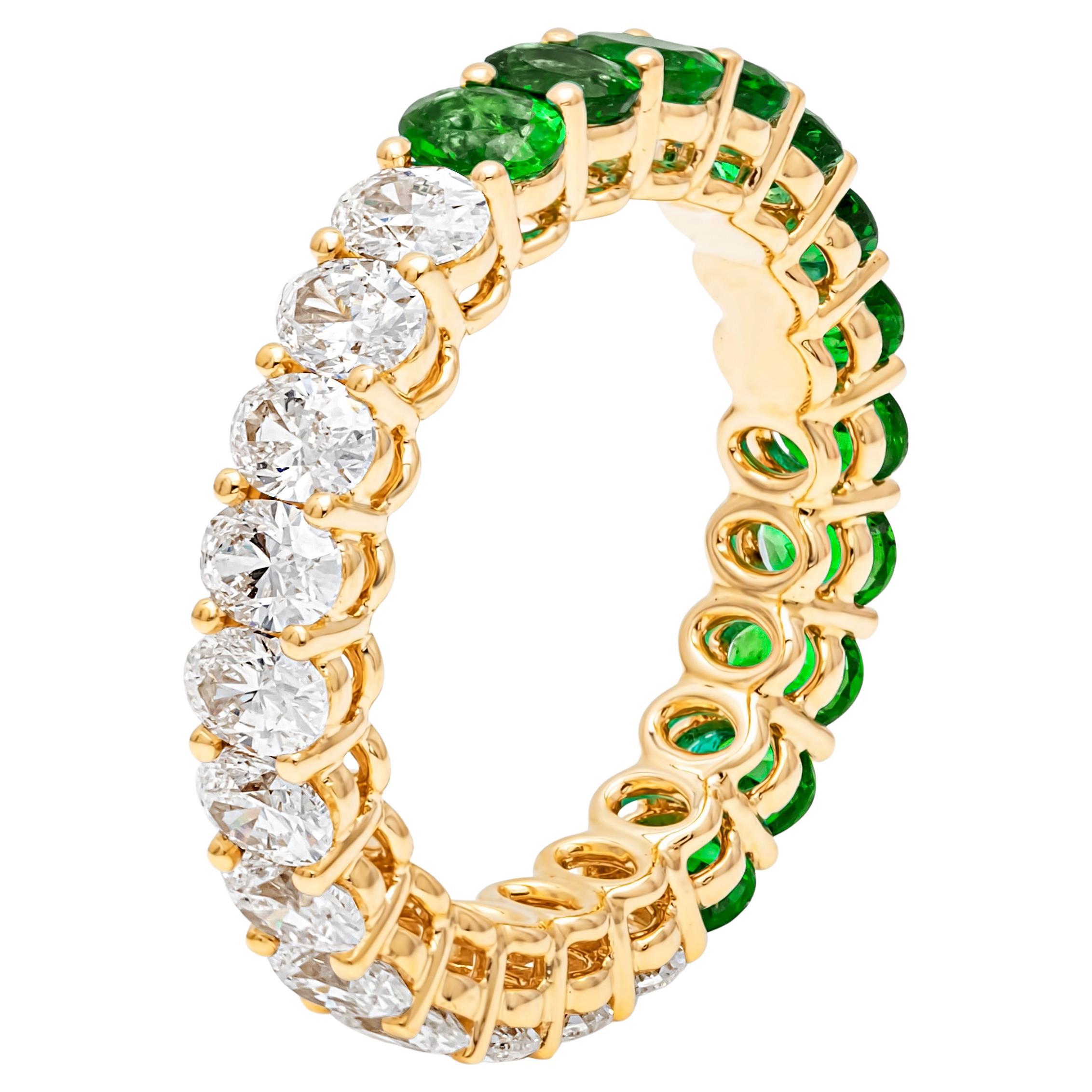 3.37 Carats Total Oval Cut Half Green Emerald & Diamond Eternity Wedding Band For Sale