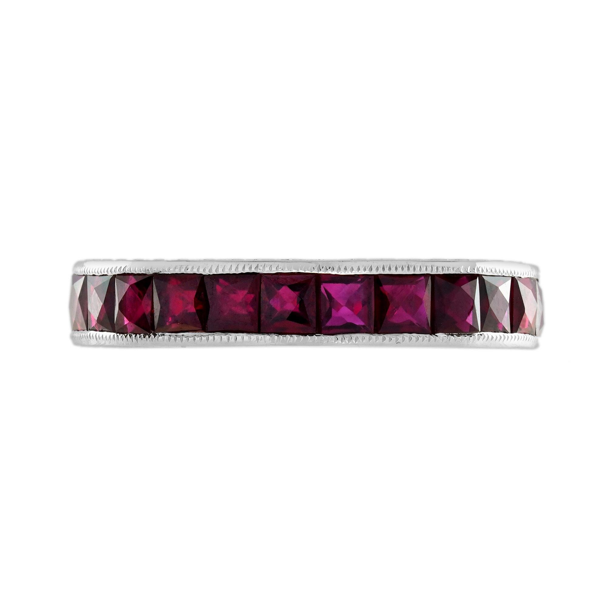 Square Cut 3.37 Ct. Ruby Antique Style Eternity Band Ring in Platinum 950 For Sale