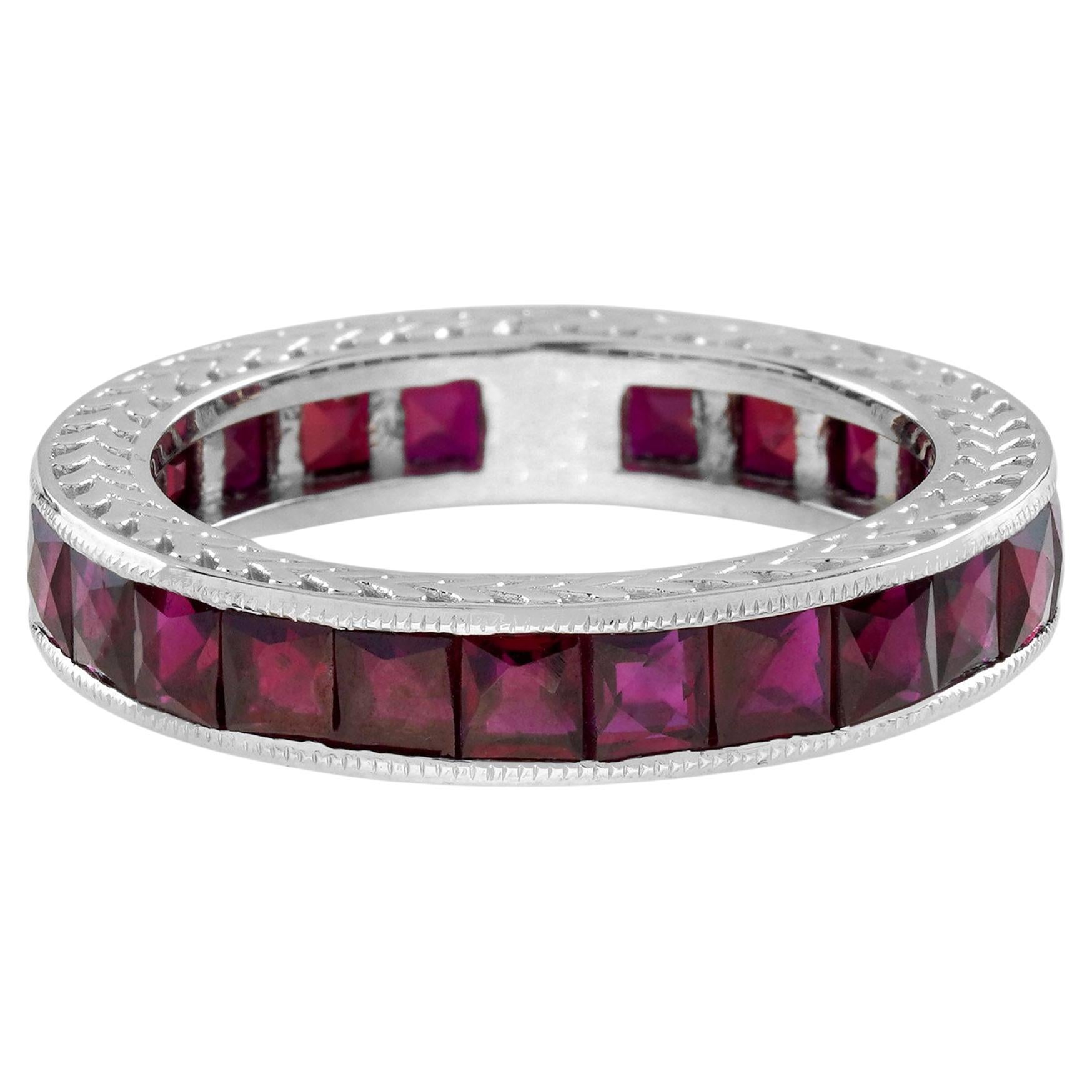 3.37 Ct. Ruby Antique Style Eternity Band Ring in Platinum 950 For Sale