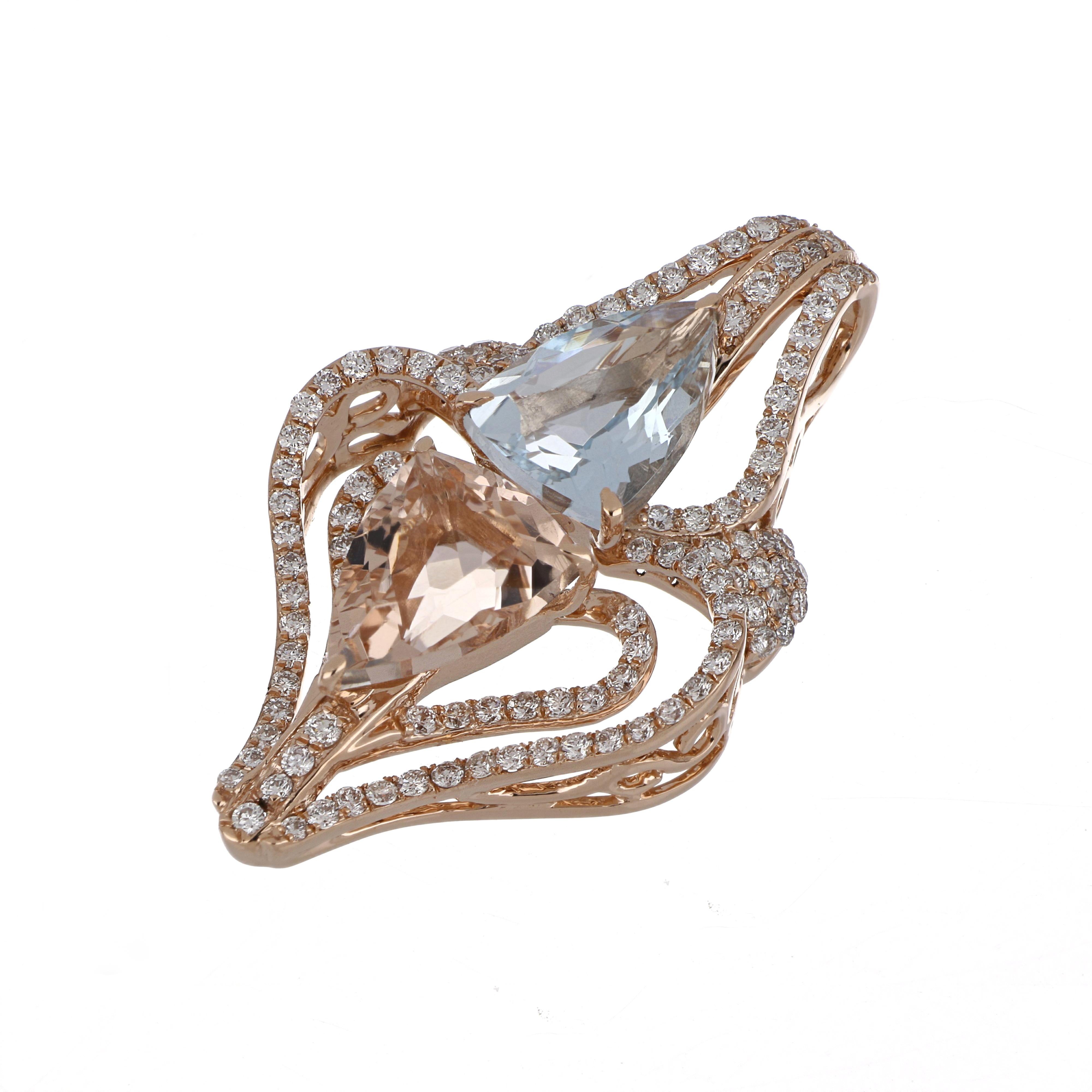 Contemporaneo 3,37 carati. Ciondolo di Morganite e Acquamarina totale con diamante in oro rosa 14 carati in vendita