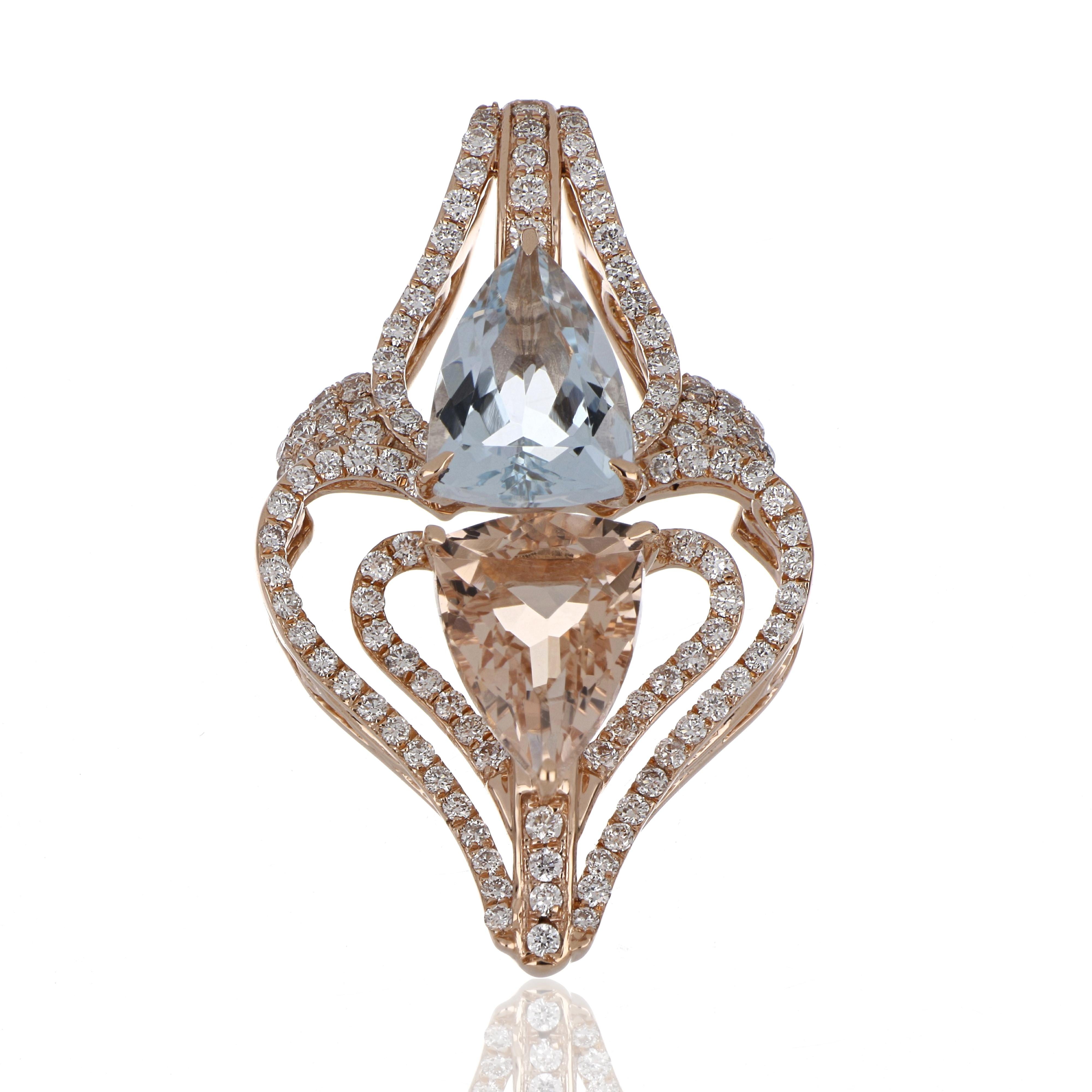 Trillion Cut 3.37 Cts. Total Morganite and Aquamarine Pendant with Diamond 14 Karat Rose Gold For Sale