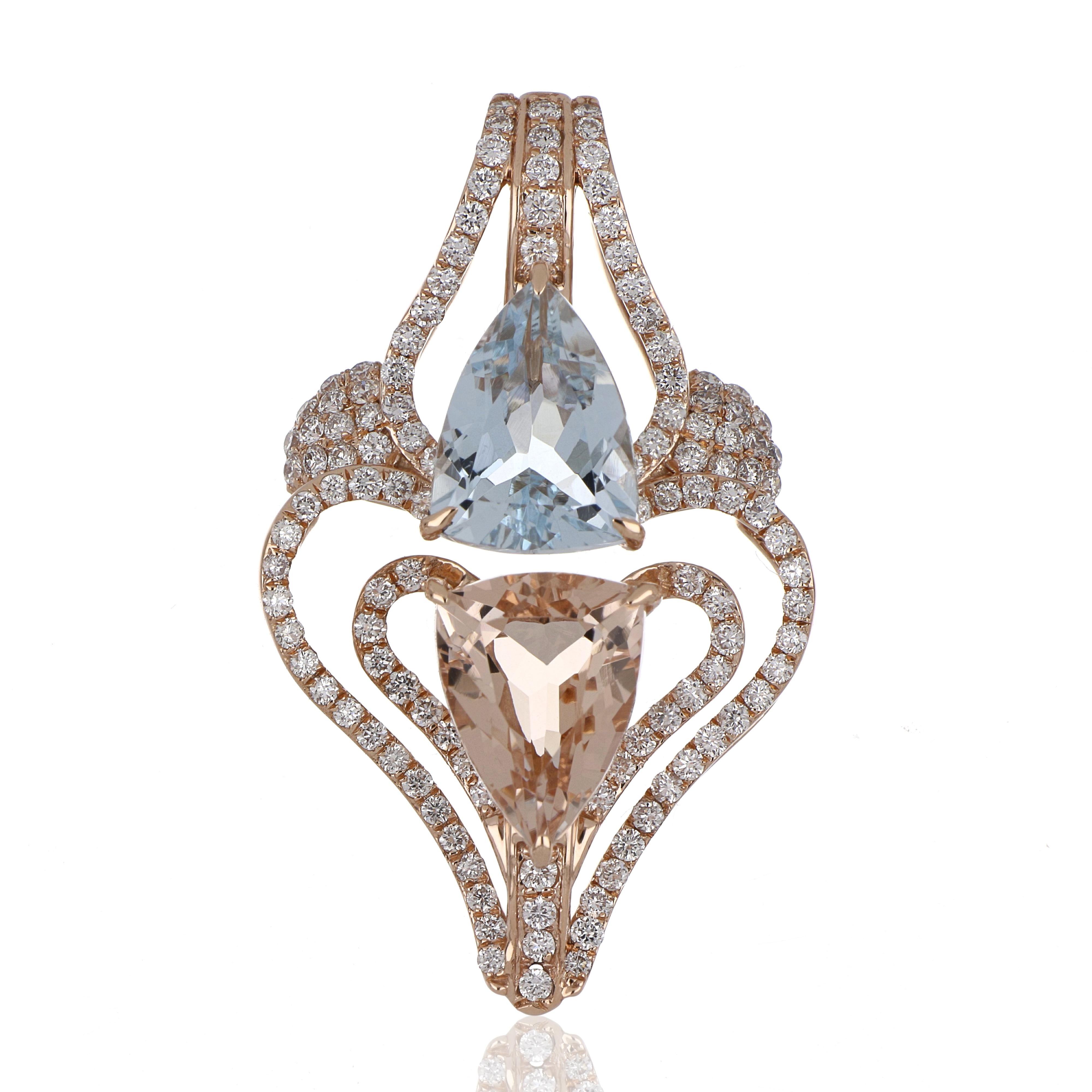 Women's 3.37 Cts. Total Morganite and Aquamarine Pendant with Diamond 14 Karat Rose Gold For Sale