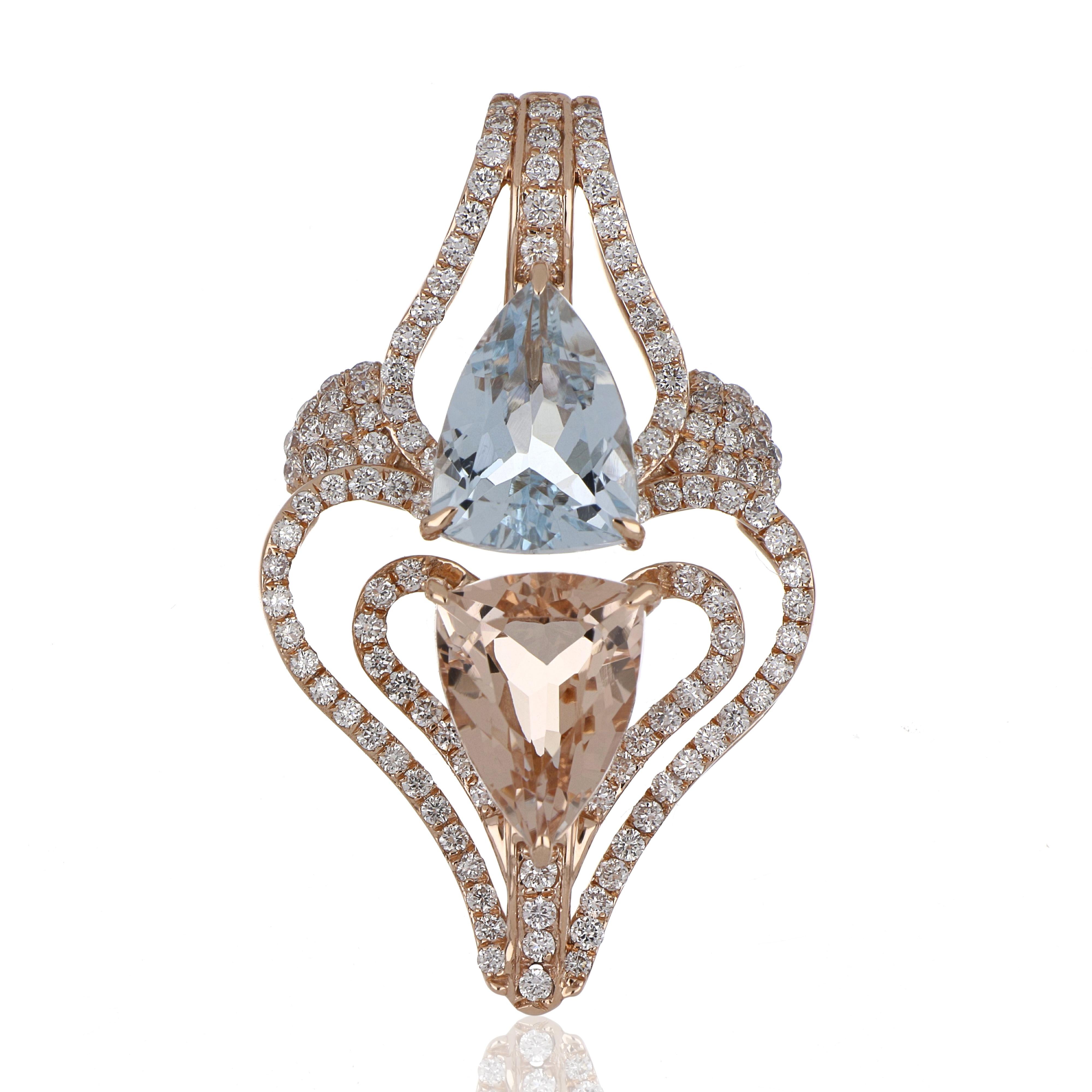 Donna 3,37 carati. Ciondolo di Morganite e Acquamarina totale con diamante in oro rosa 14 carati in vendita