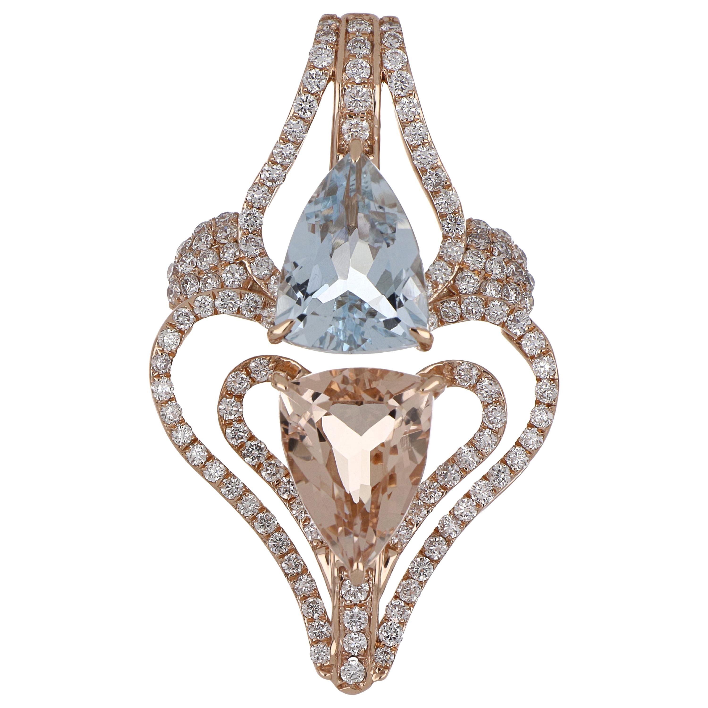 3.37 Cts. Total Morganite and Aquamarine Pendant with Diamond 14 Karat Rose Gold