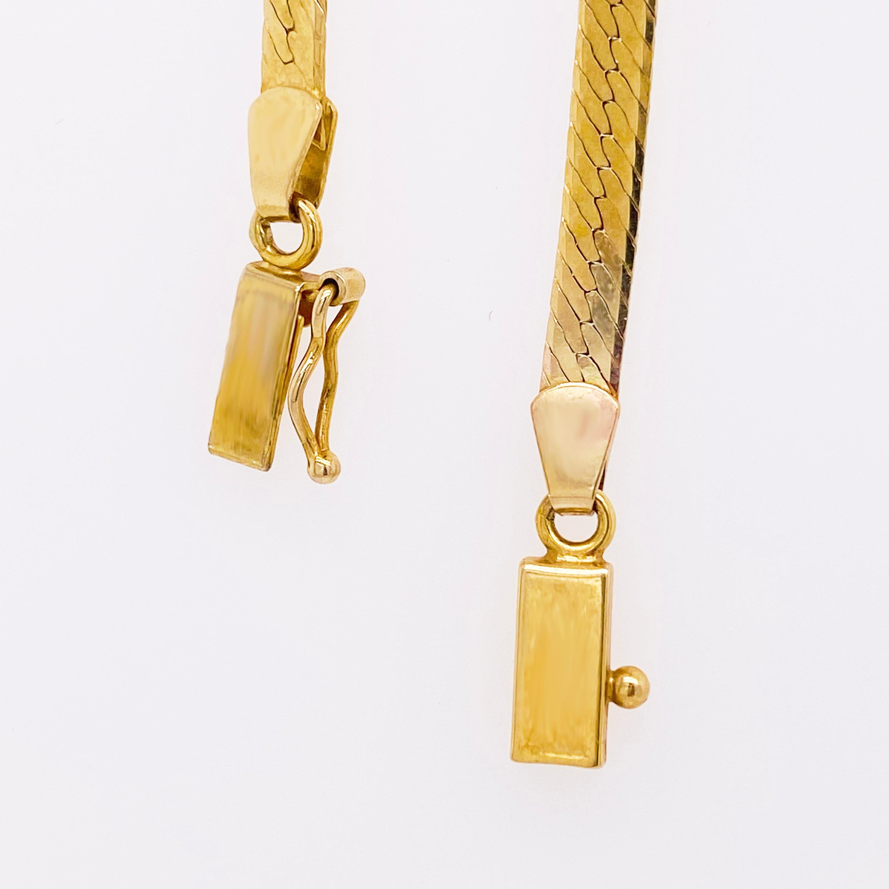 Modern Gold Herringbone Chain, 10K Yellow Gold, Flat Link Wide Chain For Sale