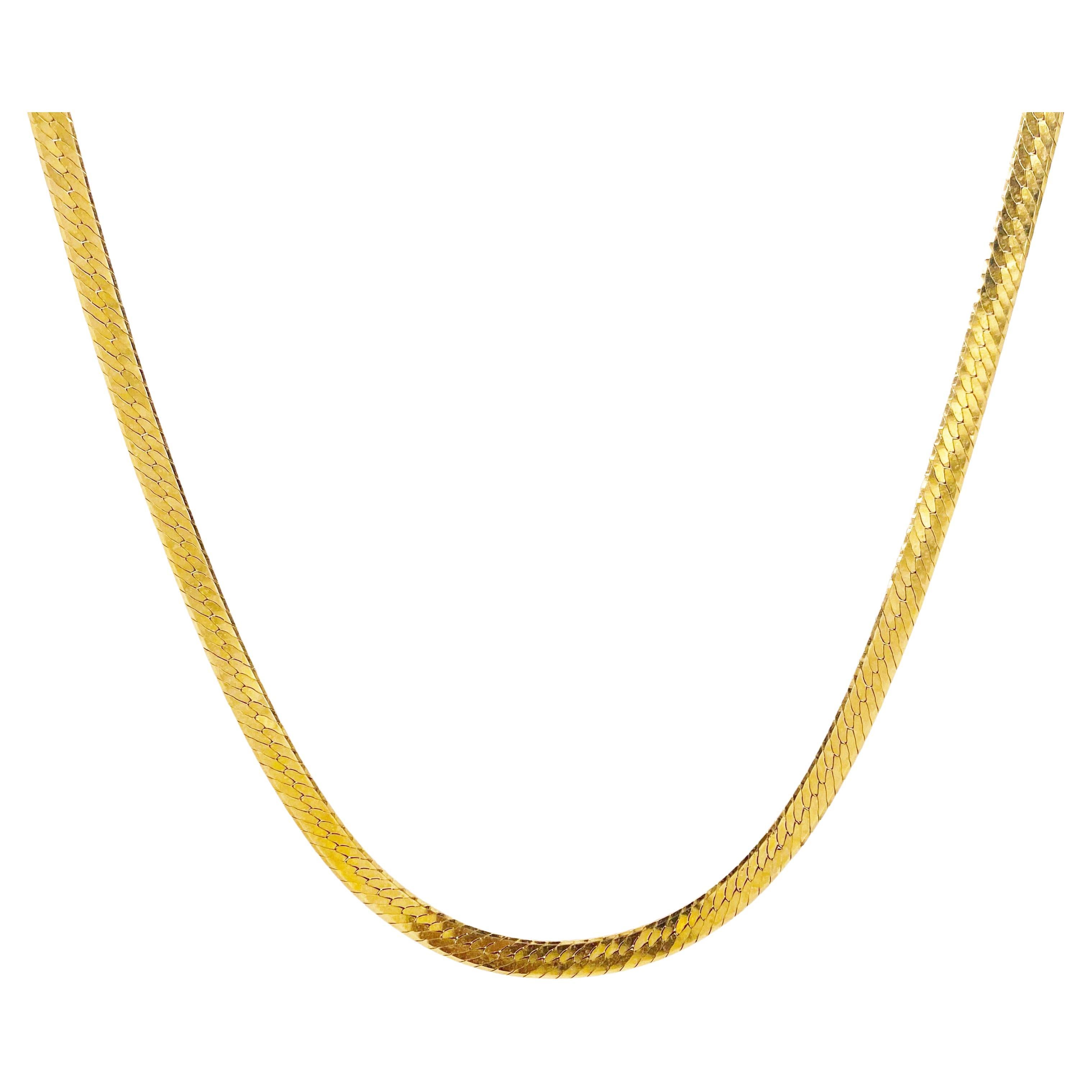 Gold Herringbone Chain, 10K Yellow Gold, Flat Link Wide Chain For Sale