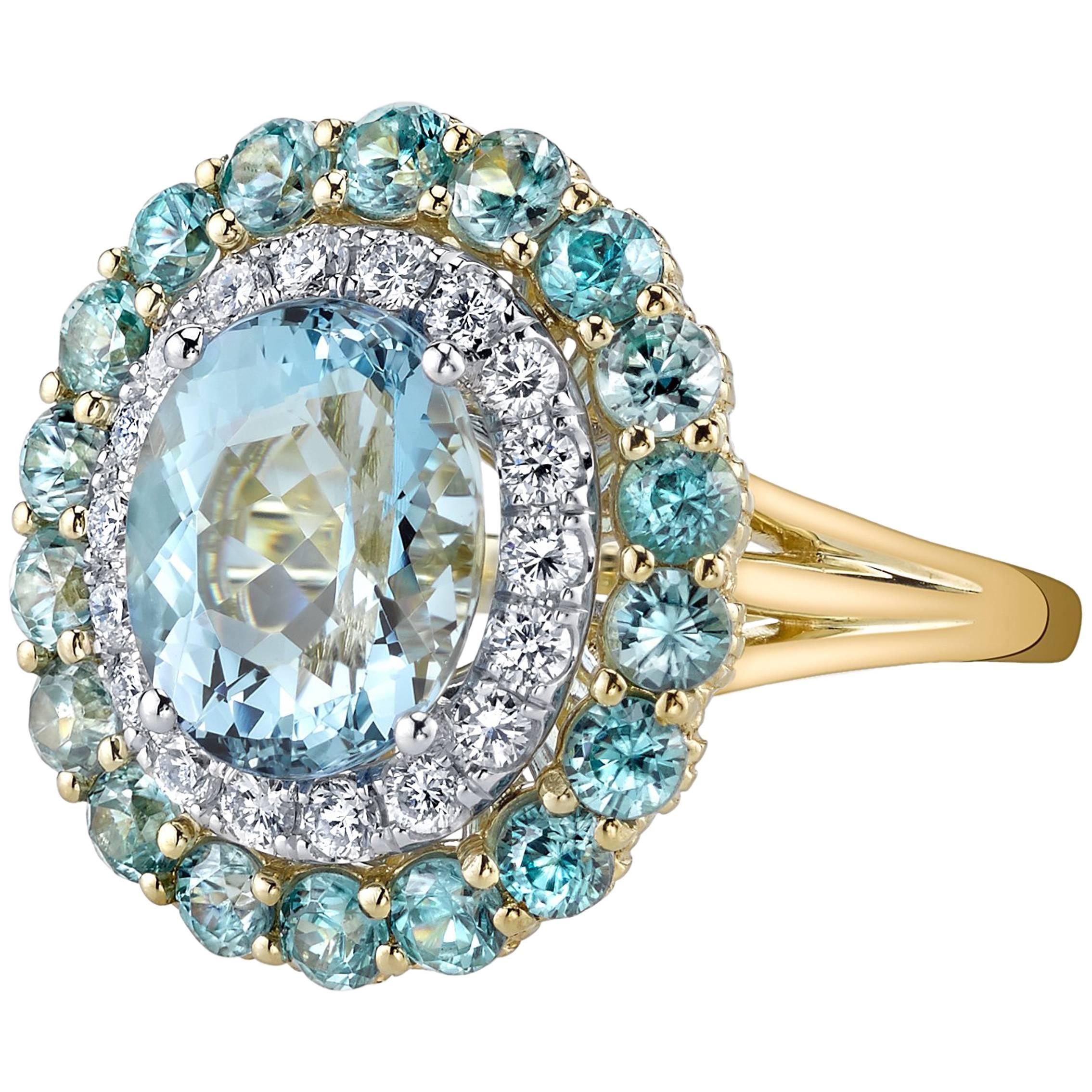 3.37 Carat Aquamarine, Blue Zircon & Diamond 18k Yellow Gold Cocktail Ring