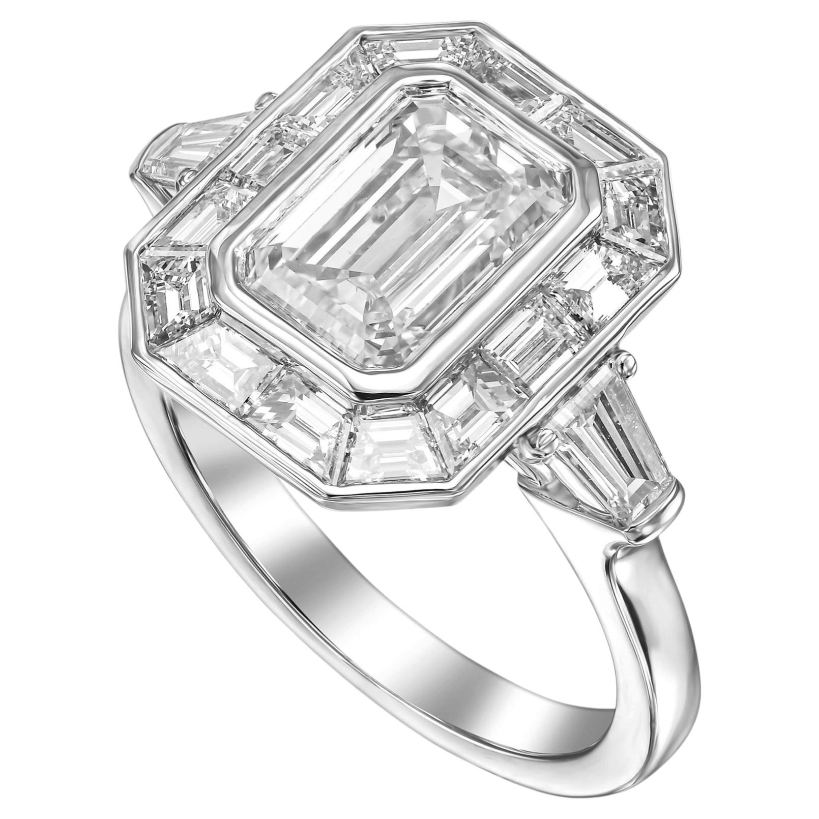 3.37 tcw Emerald Cut Natural Diamond in 18k White Gold Statement Ring For Sale
