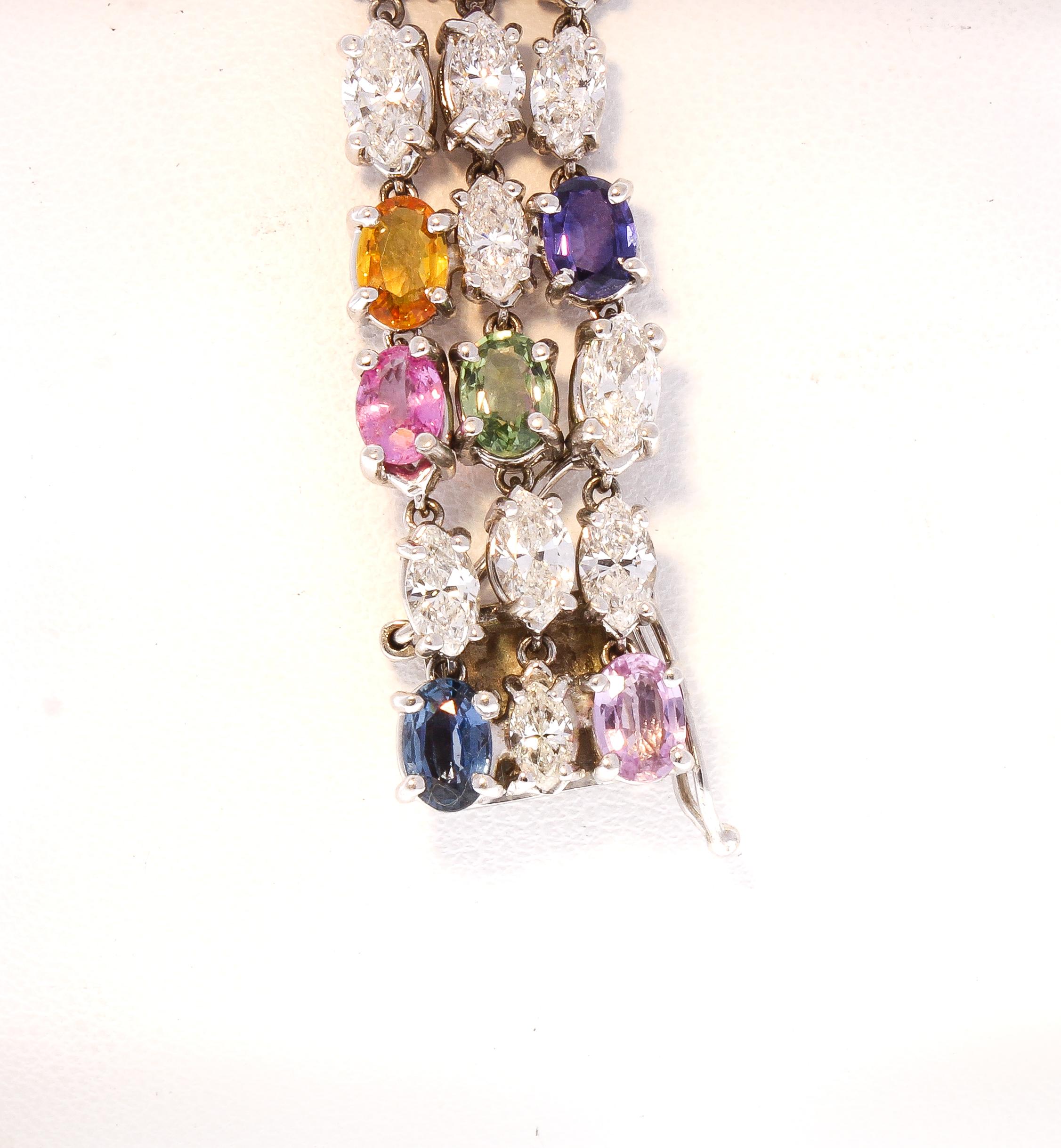 Contemporary 33.70 Carat Total Multi-Color Oval Sapphire and Marquise Diamond Gold Bracelet