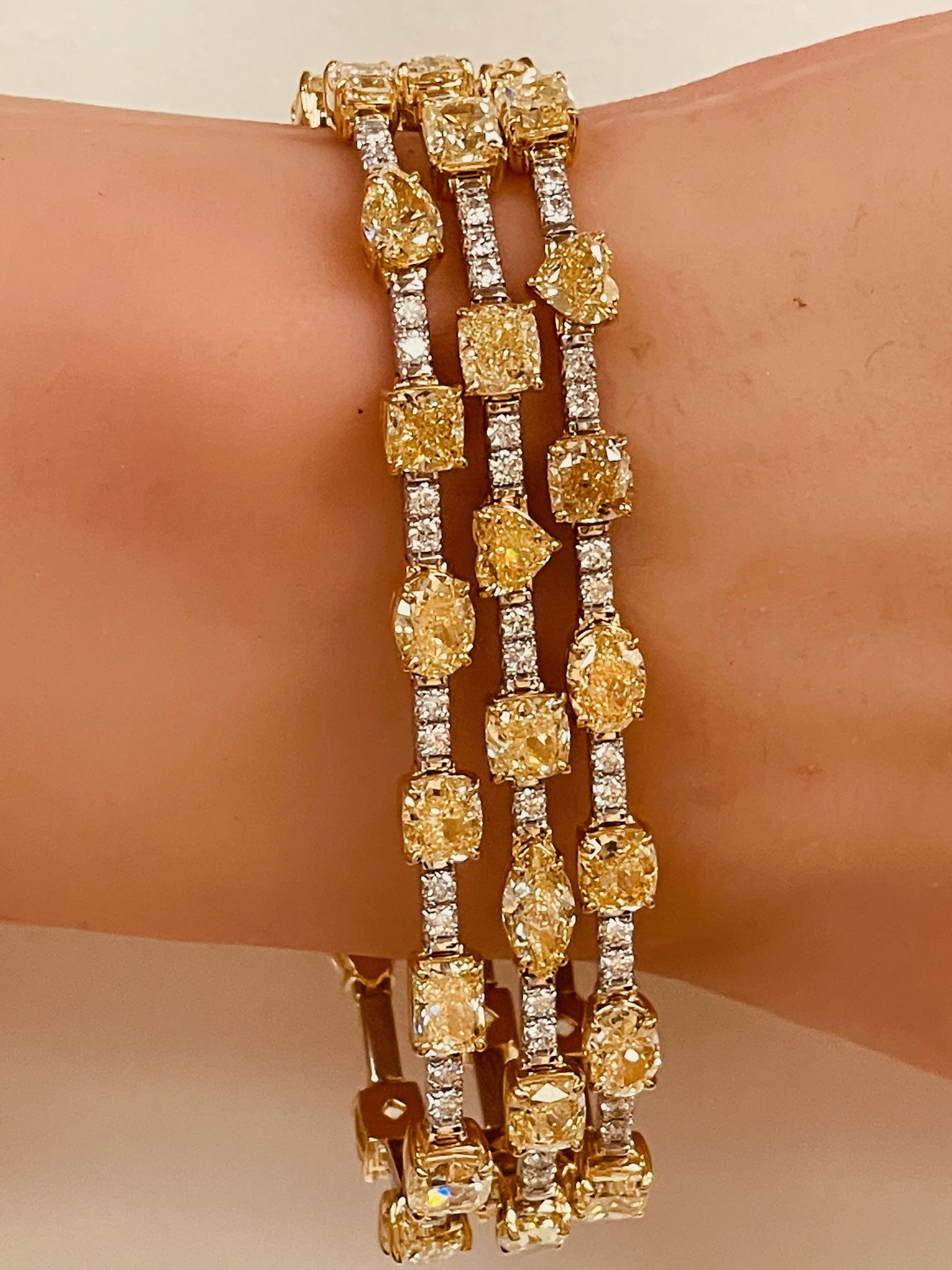 33.70 Ctw. Three Row Fancy Shape Fancy Yellow Diamond Bracelet in 14K Gold In New Condition For Sale In San Francisco, CA