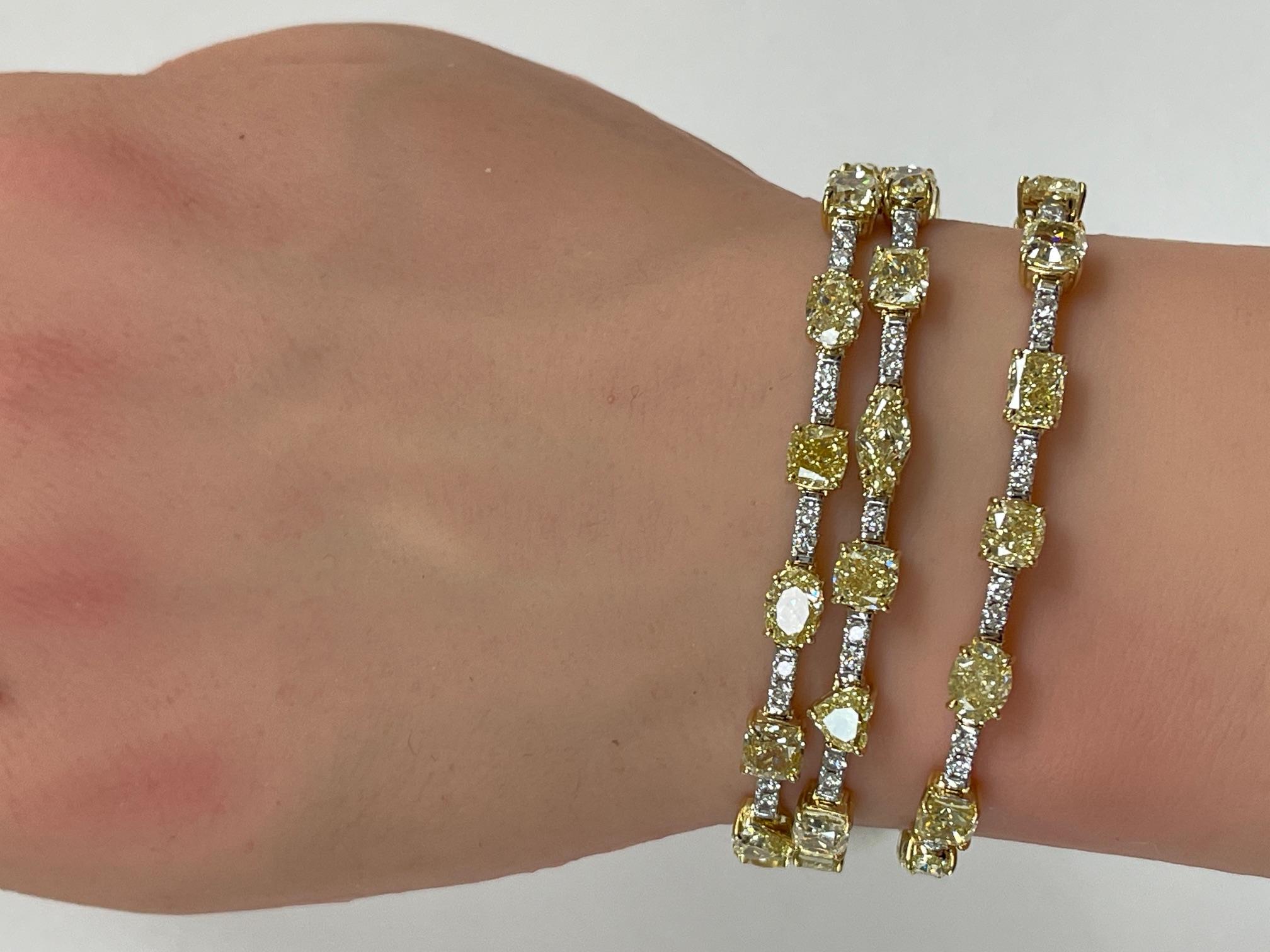 33.70 Ctw. Three Row Fancy Shape Fancy Yellow Diamond Bracelet in 14K Gold For Sale 2