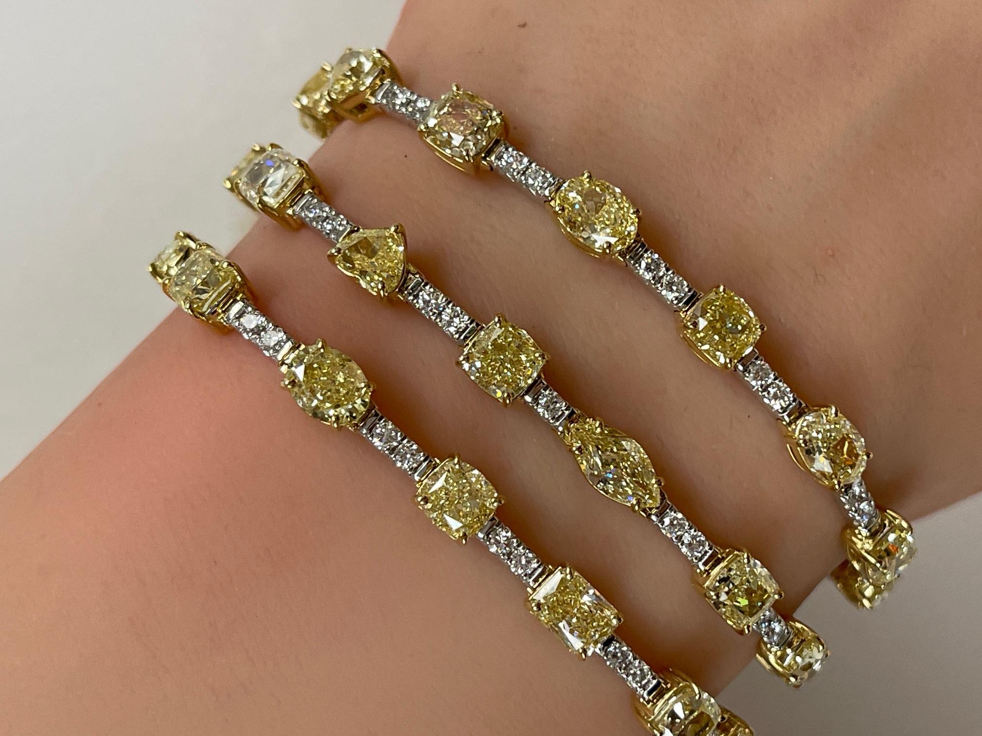 33.70 Ctw. Three Row Fancy Shape Fancy Yellow Diamond Bracelet in 14K Gold For Sale 4
